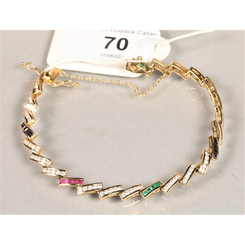 70 - Ladies 18ct yellow gold Diamond, Emerald & Ruby bracelet14 grams