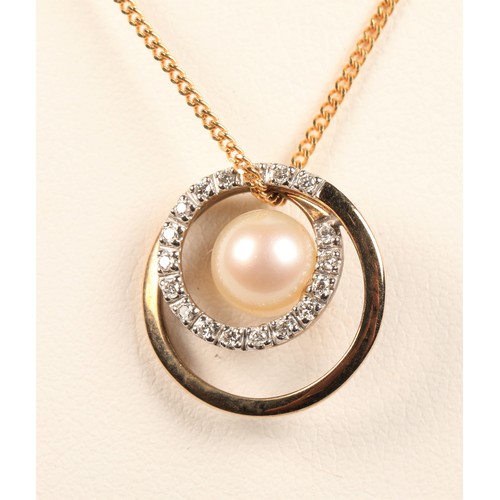 147 - 9ct gold pearl and diamond set pendant on 9ct gold chain