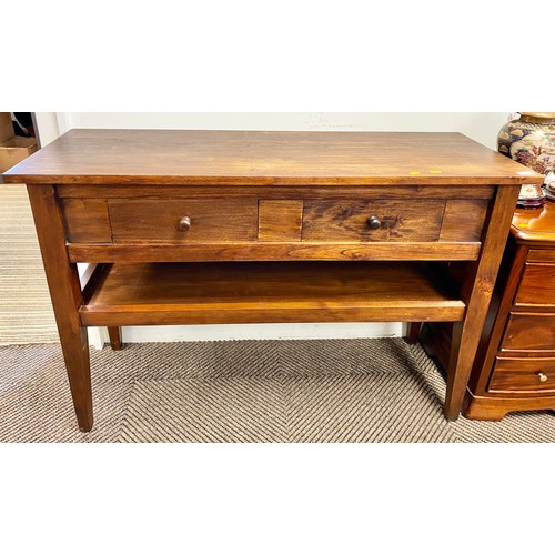 519 - Contemporary mahogany side table with two drawers and shelf