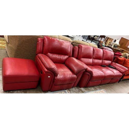 585 - Red leather electric reclining 3 seater settee, chair & stool