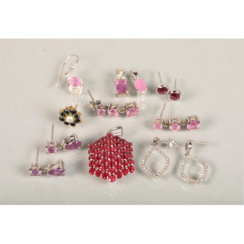 110 - Sterling silver pink gem set pendant, with assorted loose earrings and pendants