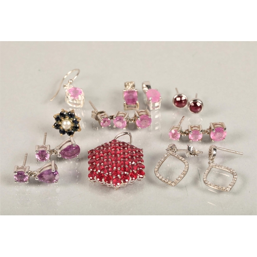 110 - Sterling silver pink gem set pendant, with assorted loose earrings and pendants