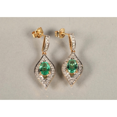 112 - 18ct gold diamond and green gem set drop earrings