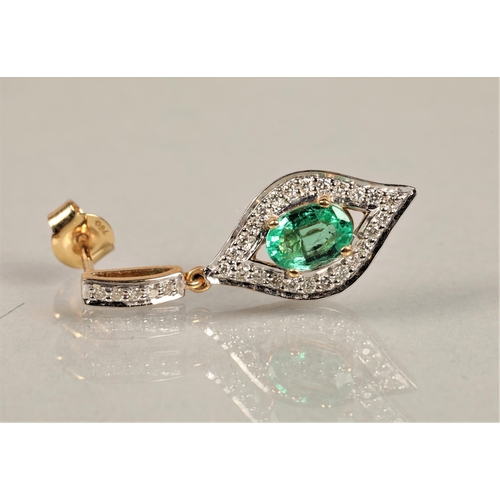 112 - 18ct gold diamond and green gem set drop earrings