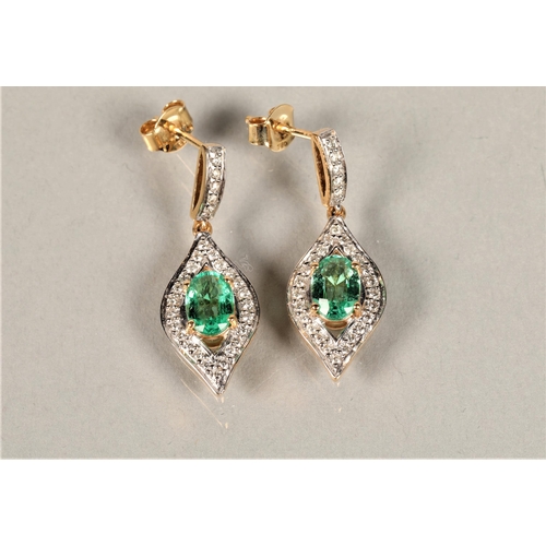 112 - 18ct gold diamond and green gem set drop earrings