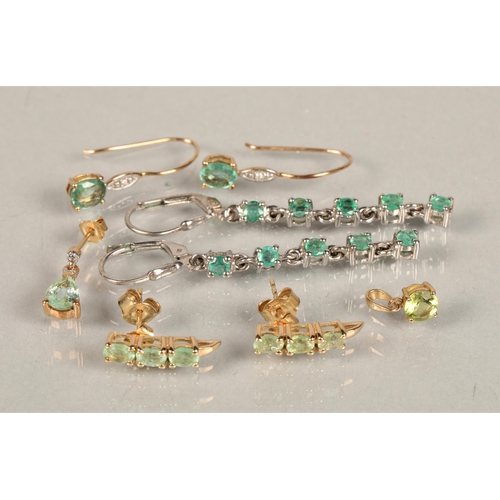 114 - Two pairs 10ct gold gem set earrings, one sterling silver gem set pair, 10ct gold green gem set soli... 