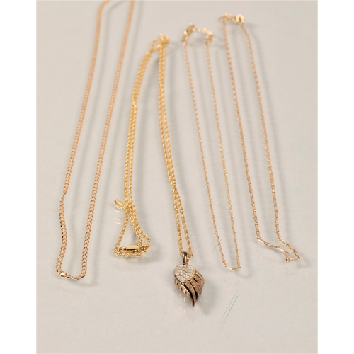 121 - Three 9ct gold chains, total weight 7.1g, and one sterling silver with gem set angel wing pendant (4... 