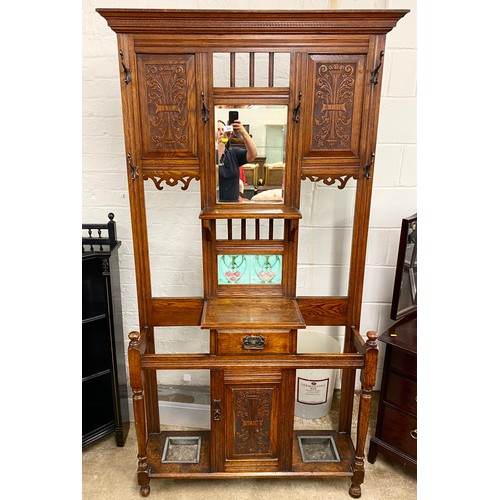 555 - Art nouveau arts and crafts oak  hall stand, approx 206cm h