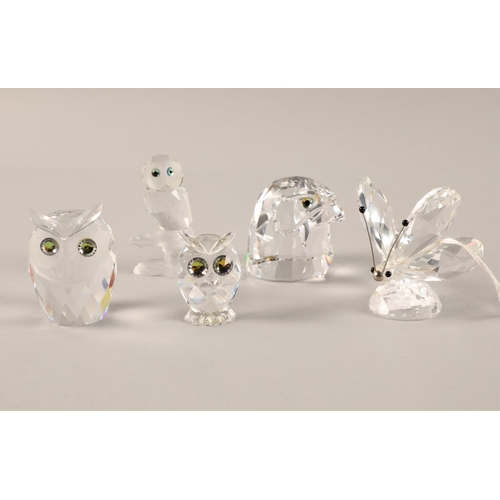 25 - Three Swarovski owls, bird of prey head, butterfly (5) boxed