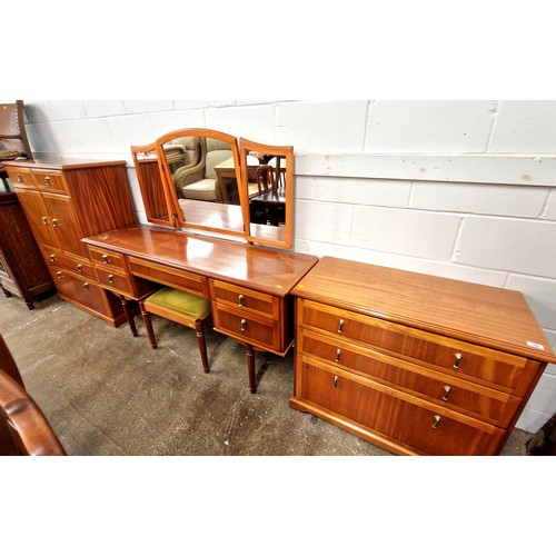 599 - Three piece bedroom set, tall and short dressers and dressing table with stool (3)