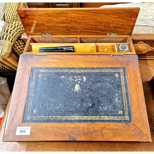 593 - Antique writing slope containing glass inkwell and two 14ct gold nibbed pens