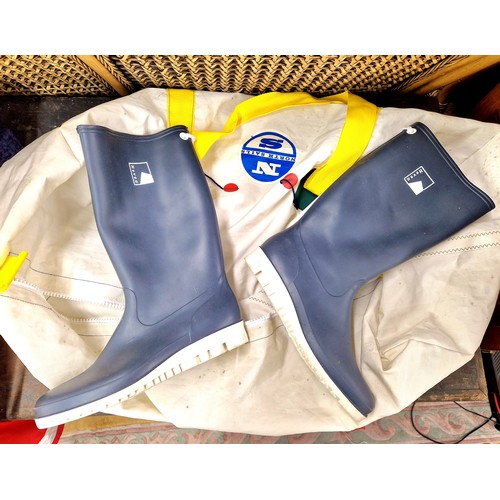 591 - Musto sailing jacket and trousers both size M, life jacket, wellies size 45, and holdall bag