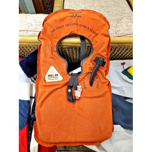 591 - Musto sailing jacket and trousers both size M, life jacket, wellies size 45, and holdall bag