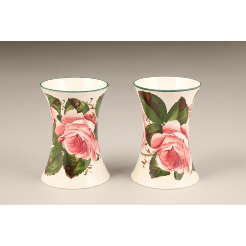 64 - Pair Scottish Wemyss pottery Beaker vases, with hand painted cabbage roses, impressed Wemyss, height... 