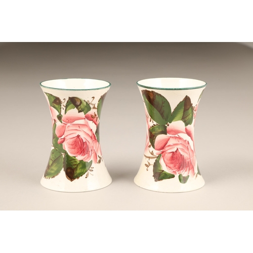 64 - Pair Scottish Wemyss pottery Beaker vases, with hand painted cabbage roses, impressed Wemyss, height... 