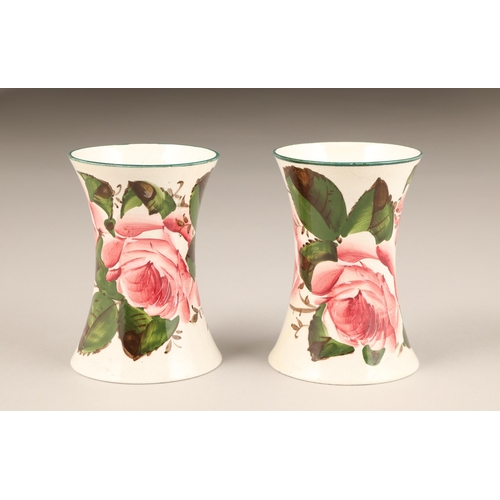 64 - Pair Scottish Wemyss pottery Beaker vases, with hand painted cabbage roses, impressed Wemyss, height... 