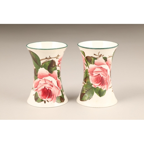 64 - Pair Scottish Wemyss pottery Beaker vases, with hand painted cabbage roses, impressed Wemyss, height... 