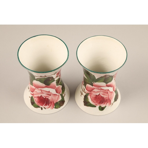 64 - Pair Scottish Wemyss pottery Beaker vases, with hand painted cabbage roses, impressed Wemyss, height... 