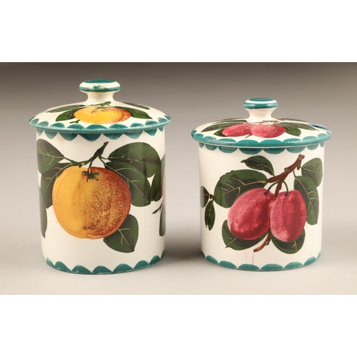 66 - Scottish Wemyss pottery preserve jars and covers, hand painted with plumb's, height 10.5cm and the o... 