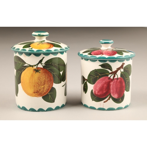 66 - Scottish Wemyss pottery preserve jars and covers, hand painted with plumb's, height 10.5cm and the o... 