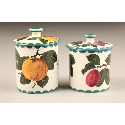 66 - Scottish Wemyss pottery preserve jars and covers, hand painted with plumb's, height 10.5cm and the o... 