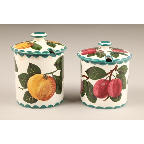 66 - Scottish Wemyss pottery preserve jars and covers, hand painted with plumb's, height 10.5cm and the o... 