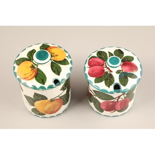 66 - Scottish Wemyss pottery preserve jars and covers, hand painted with plumb's, height 10.5cm and the o... 