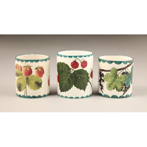 68 - Three Scottish Wemyss pottery preserve jars (no covers) hand painted in strawberries height9cm, blac... 