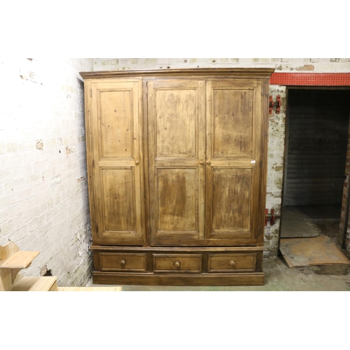 777 - Victorian pine three door wardrobe, 214 x 175 x 60cm.