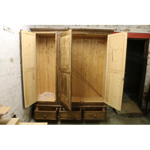 777 - Victorian pine three door wardrobe, 214 x 175 x 60cm.