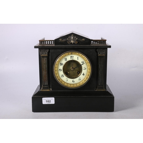 102 - Victorian slate mantle clock of architectural form, 26cm.