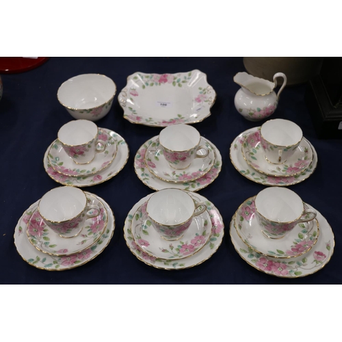 106 - Set of six 1930's Tuscan China tea cups, saucers and plates, with milk jug, sugar bowl and cake plat... 