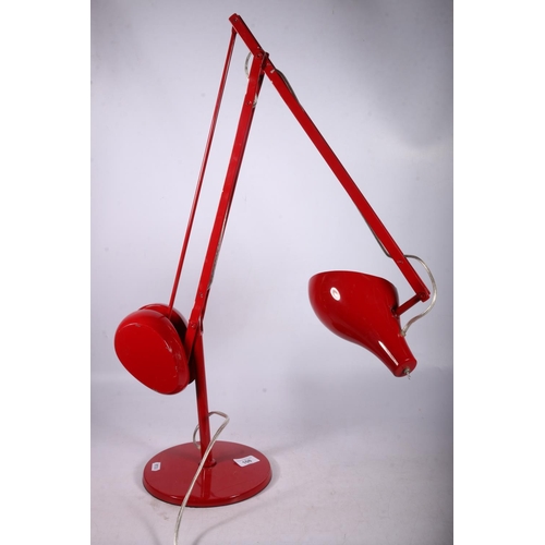 108 - Habitat adjustable red painted metal desk lamp, approximately 90cm.