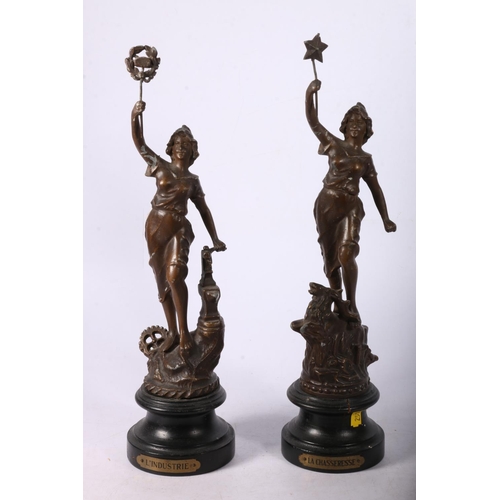 114 - Two French spelter figures, L'Industrie and La Chasseresse, 34cm.