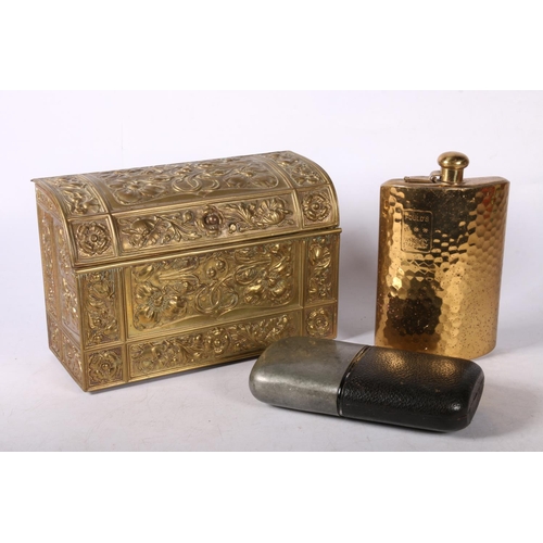 117 - Beaten brass stationary box, 15cm, Fould's Whiskey flask, glass and pewter flask. 