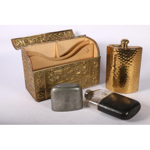 117 - Beaten brass stationary box, 15cm, Fould's Whiskey flask, glass and pewter flask. 