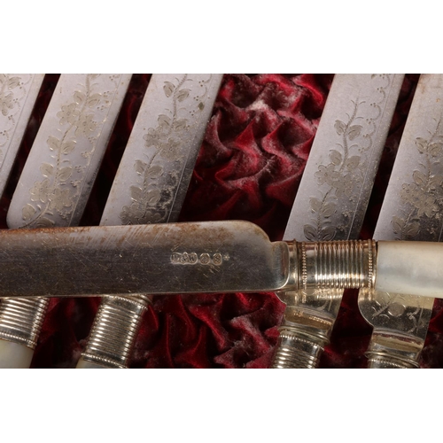 39 - Set of twelve knives and forks with mother of pearl handles in original canteen.