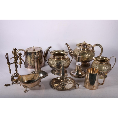 50 - Quantity of EPNS to included tea pots, chamber stick etc, also brass barman's mate. 