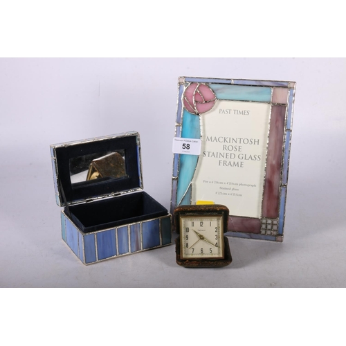 58 - Past Times Mackintosh inspired photo fame and trinket box, also vintage traveling clock.