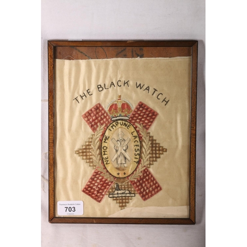 703 - The Black Watch interest, a military needlework on silk panel depicting the badge of the Black Watch... 