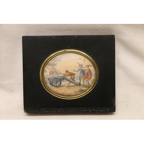 707 - 19TH CENTURY SCHOOL, oval miniature watercolour pair including a view of a man firing a field gun an... 