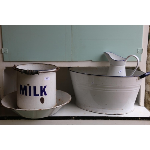 756 - Vintage enamel to include basin, tub, jug and milk can, 30cm.