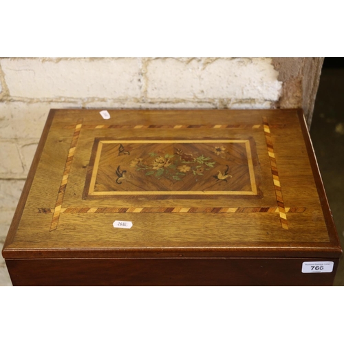 766 - Inlaid work box on stand with drawer, quantity of sewing materials, 77cm.