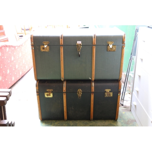 797 - Two vintage wood banded traveling trunks, 50 x 92 x 53cm.