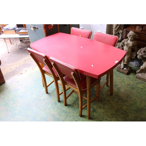 798 - Mid century red laminated table on beech frame, 75cm, with four matching chairs.