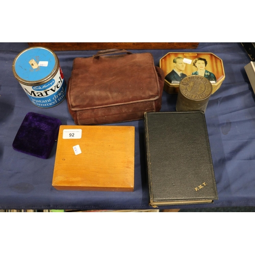 92 - Vintage Cadbury's Marvel milk tin, 11cm, antique jewellery box, Ogden tin, bible, etc.