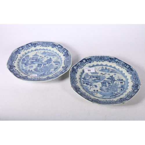 98 - Two 19th c. Chinese blue and white octagonal plates, 23cm diameter.