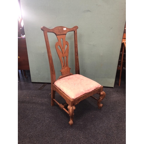 735 - Indian hard wood low chair with pierced splat, bears plaque, American Arcot Mission Katpadi N.A. dis... 