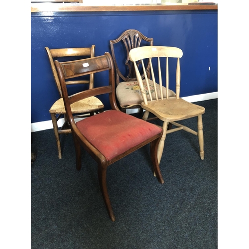 750 - 19th c. side chair with tablet back and sabre front supports, 82cm, and three other chairs.