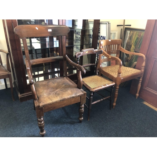 750C - 19th c. armchair with high back, 107cm, another armchair, and side chair with cane seat.